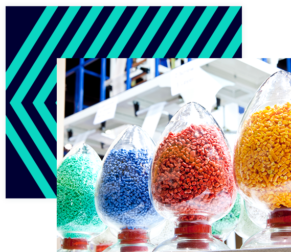 Colorful plastic pellets in clear containers